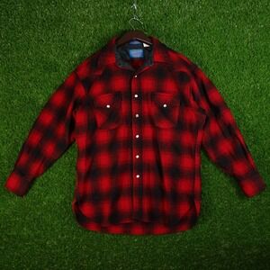 Vintage Pendleton Western Wear Shirt Large Pearl Snap Red Black Plaid Lumberjack